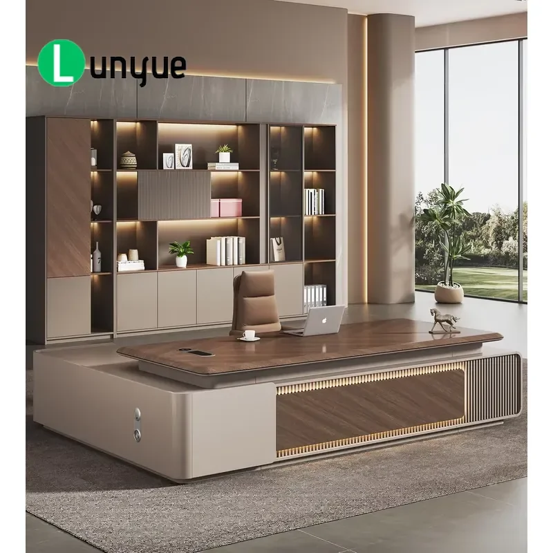 Modern Luxury L Shaped Executive Desk with Side Cabinet LED Bookcase Vacuum Formed Sheet Home Office Furniture Storage