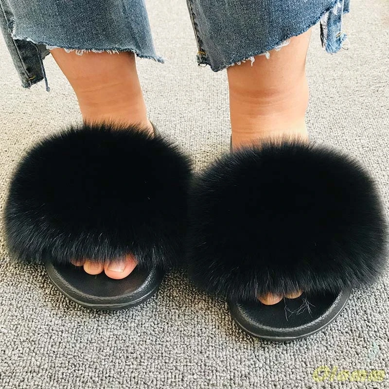 Women\'s Summer Flat Slippers Genuine Fox Fur Slippers Women\'s Thick Hair Slippers Non-slip Indoor Slippers Silver Sole