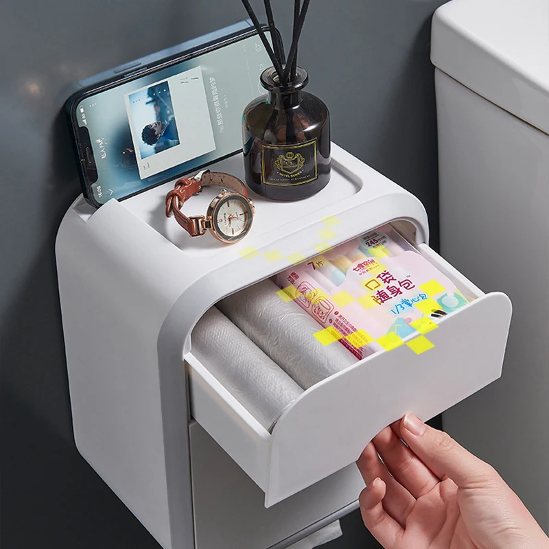 

Punch-free Toilet Paper Box Bathroom Accessories Wall Mounted PlasticTissue Box Household Waterproof Storage Rack Phone Holder