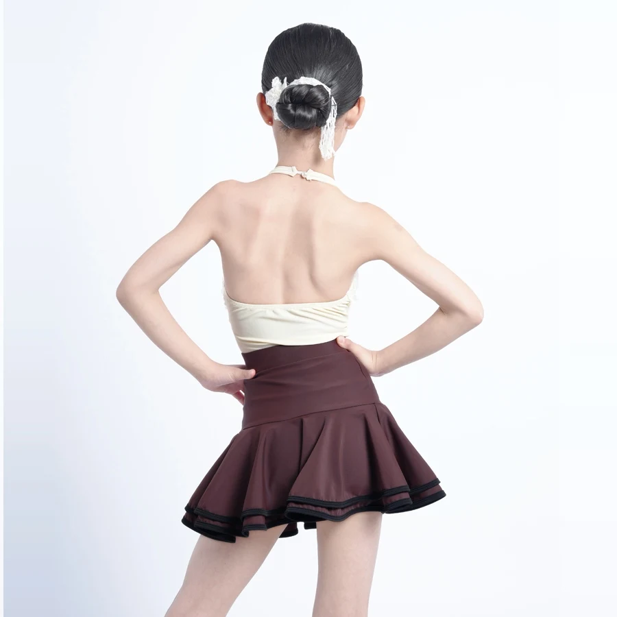 Latin Dance Mädchen Kleid Sommer Neckholder Top Braun Rüschen Rock Kinder Cha Cha Rumba Praxis Kleidung Tanzen Training Dancewear 1914
