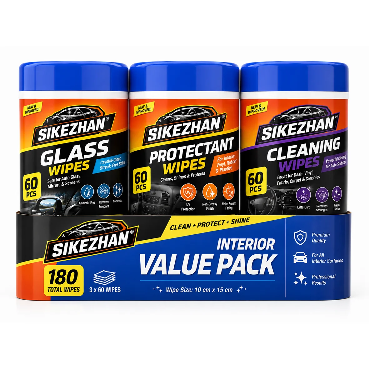 kit-de-cuidados-para-interior-de-carro-sikezhan-180ct-limpeza-multisuperficies-protetor-uv-e-lencos-para-vidros-automotivos-sem-amonia-e-sem-manchas-pacote-economico