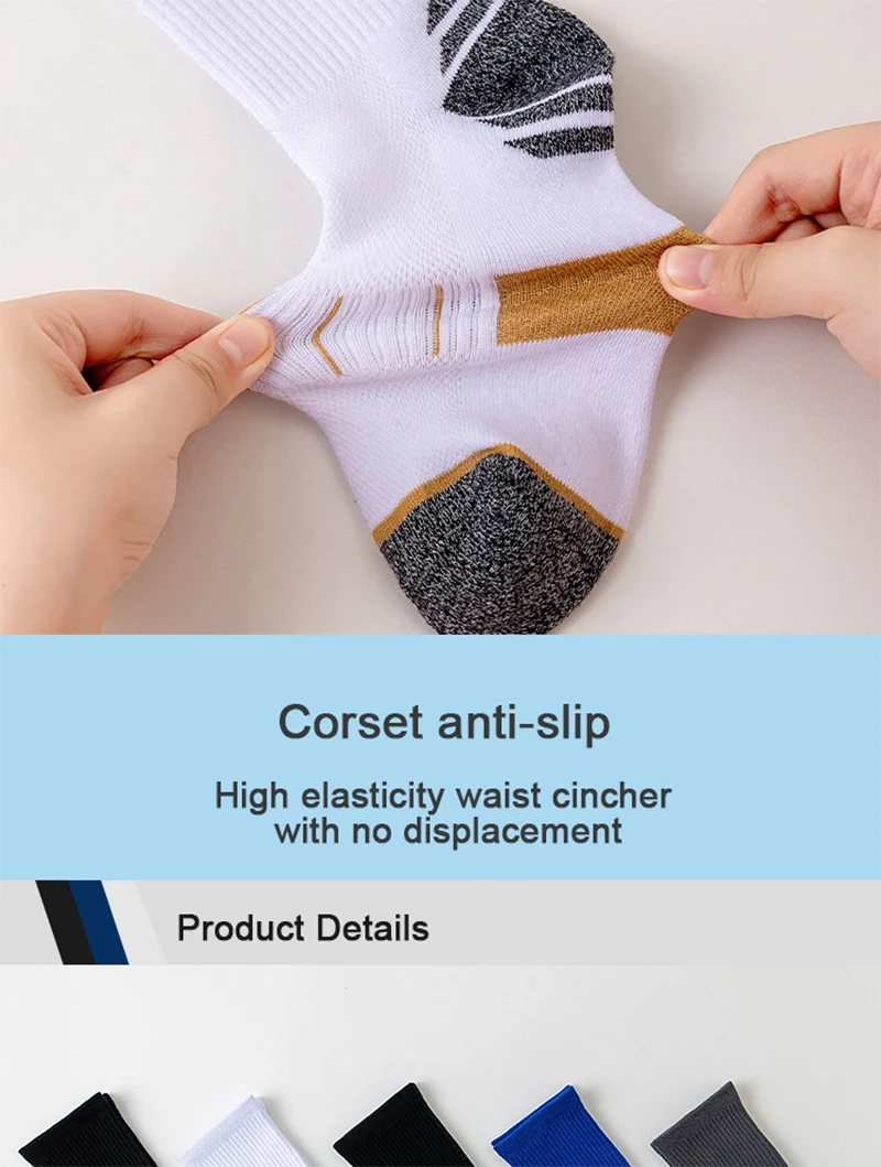 5 Paar Herbst-Herrensocken aus Baumwolle, mittellang, hohe Elastizität, atmungsaktives Mesh, dickes Frottee, schweißableitende Sportsocken – Detail 6
