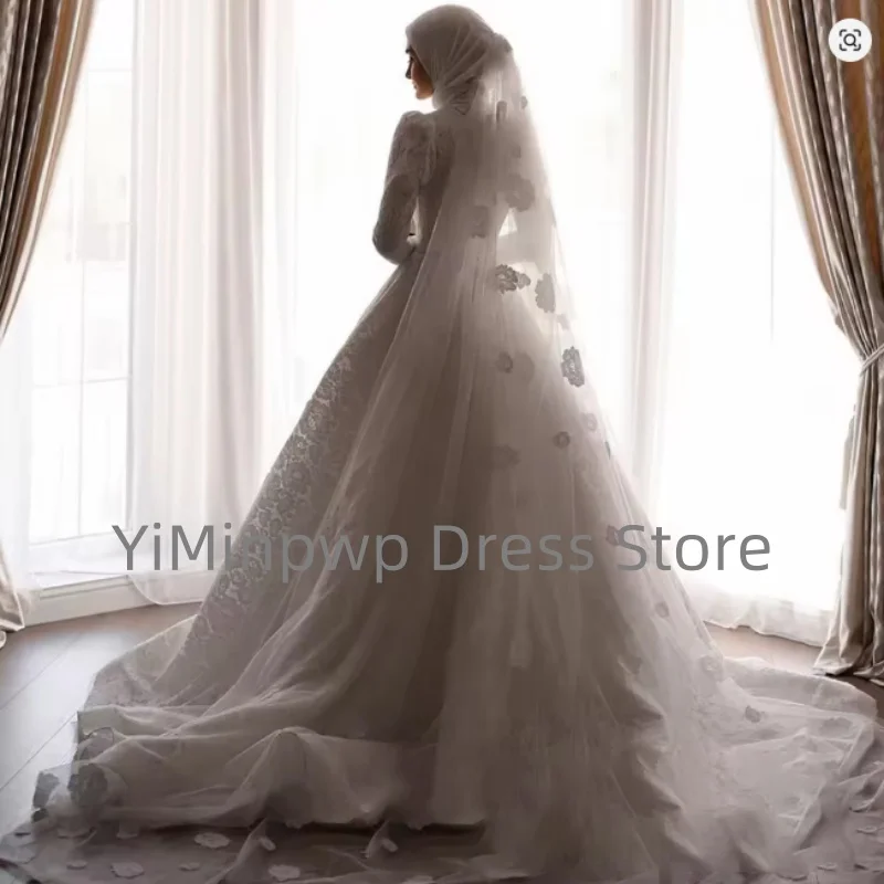 Bescheiden moslim trouwjurken met hijab voor bruid hoge hals lange mouw a-lijn sweep trein kanten jurk bruidsjurken op maat