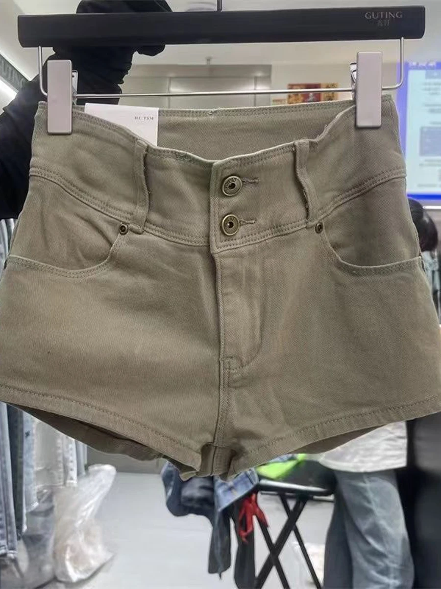 

Джинсовые шорты цвета хаки в стиле ретро с высокой талией, женские, весна-лето, новые, эластичные, прямые, повседневные, широкие джинсы-шорты