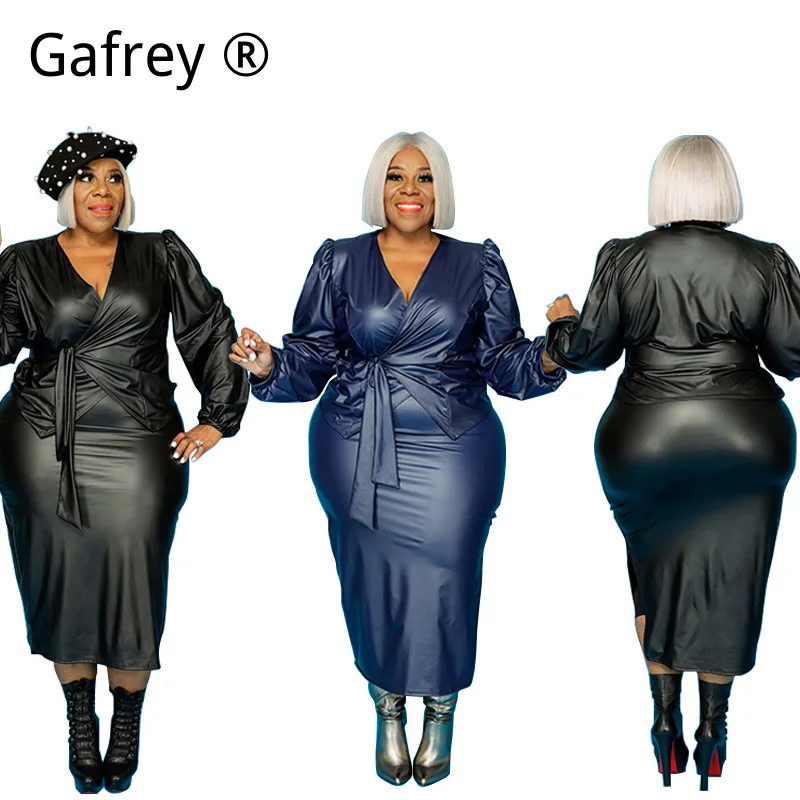 

Plus Size PU Leather Blazer Skirt Set 2 Piece Solid Color Matte Chic Fashion Office Work Daily Suit 2026 New