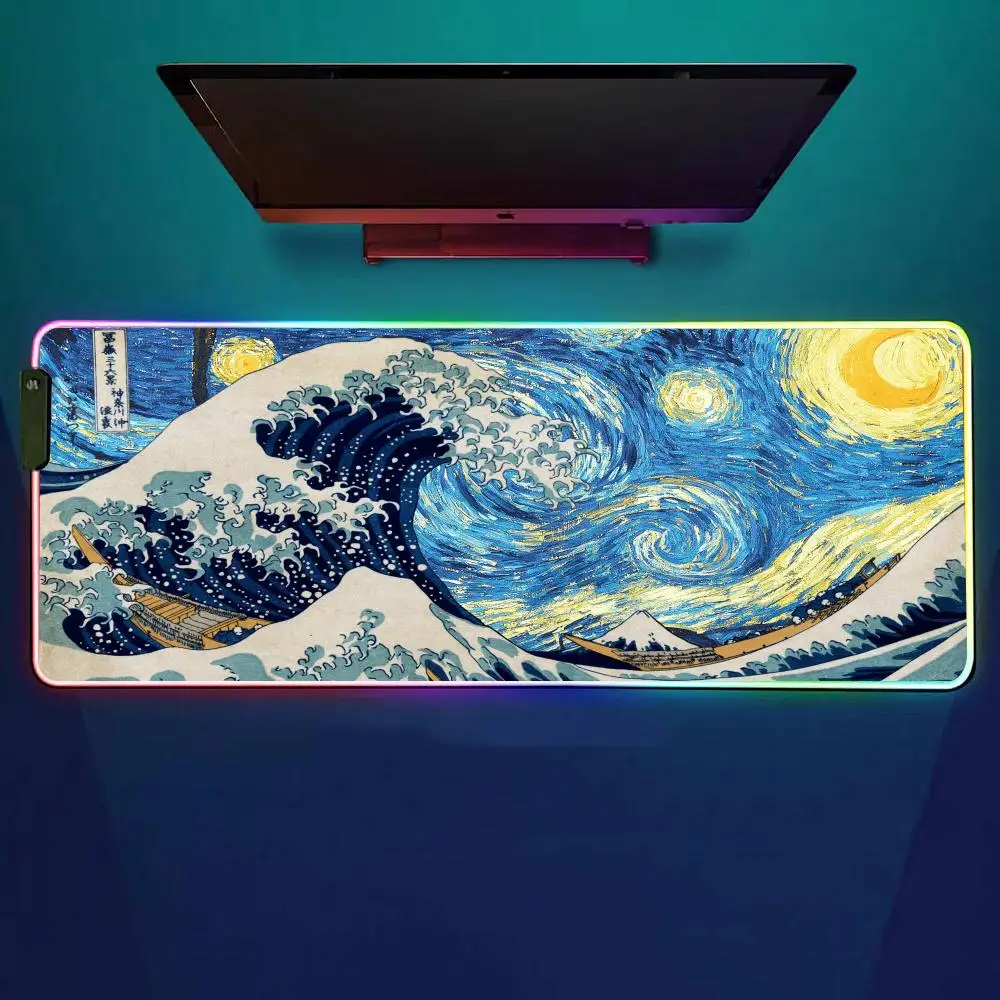 

Коврик для мыши Under The Wave Off K-Kanagawa, игровой коврик для мыши RGB, настольный коврик HD Gamer, большой светодиодный светильник, коврики для мыши XXL