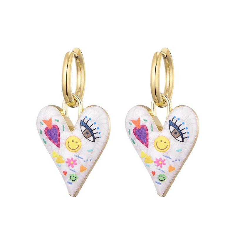 New Trendy Cute Heart Eye Stainless Steel Hoop Earrings For Women Colorful Vintage Enamel Gold Color Pendant Love Female Jewelry