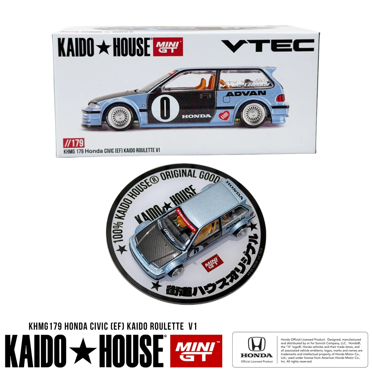 In Stock Kaido House KHMG179 1:64 Civic EF Roulette V1 Light Blue Carbon Fiber Advan Openable Hood Diecast Collectible Model Car