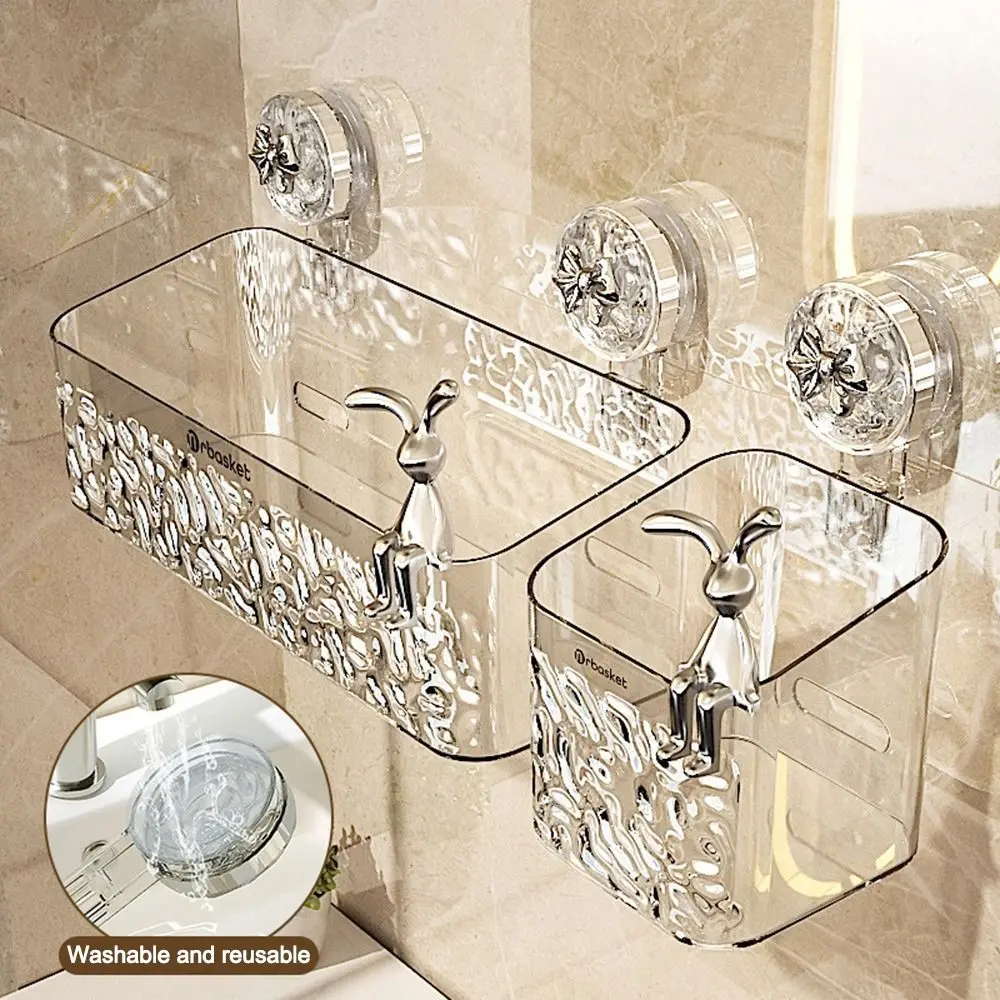 Plastic Shower Suction Cup Shelf Glacier Pattern Transparent Wall Storage Rack Punch Free Draining Basket Holder Bathroom