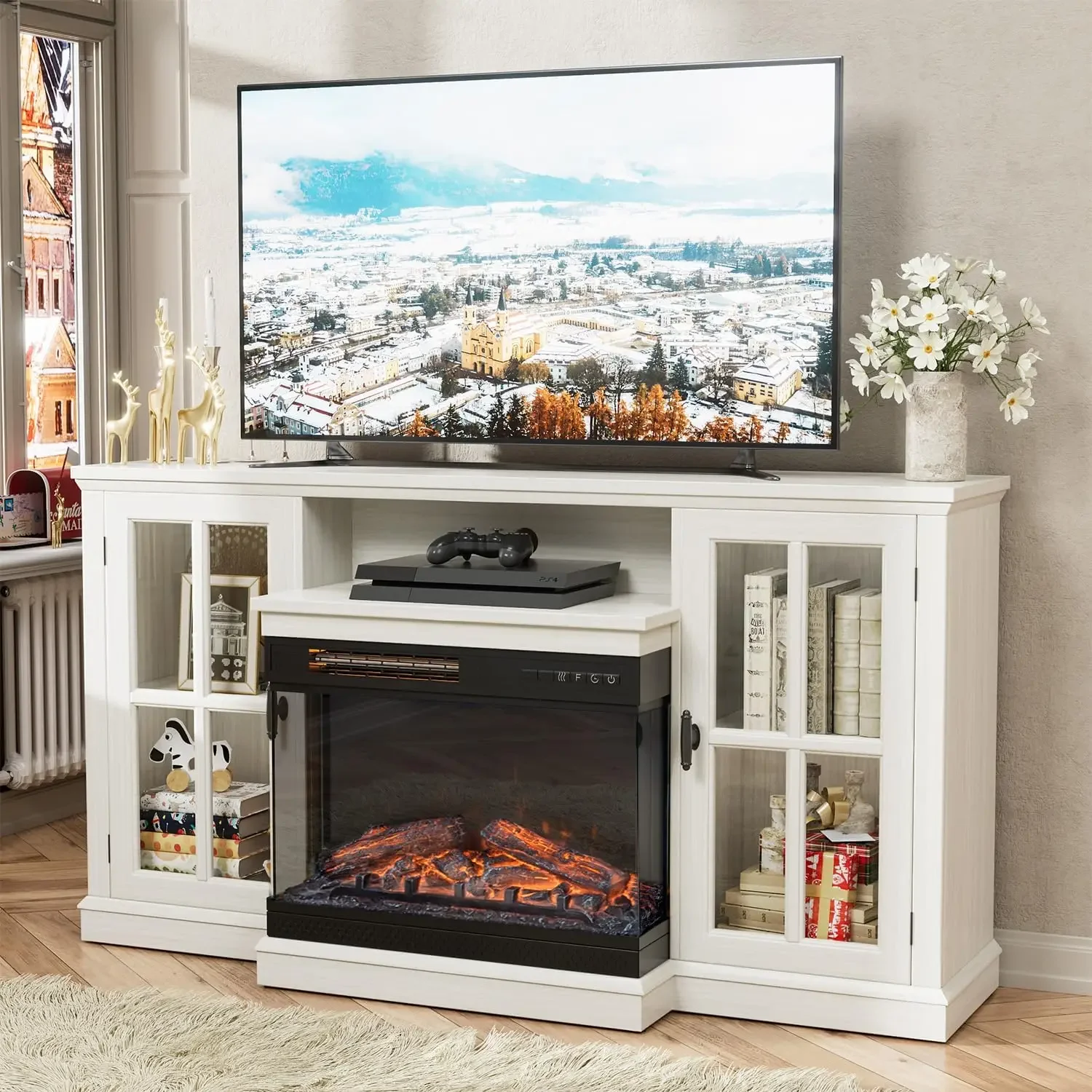 Soporte para TV con chimenea para televisores de hasta 65'', mesa consola central de entretenimiento multimedia de vidrio de 3 caras, sala de estar (blanco envejecido)