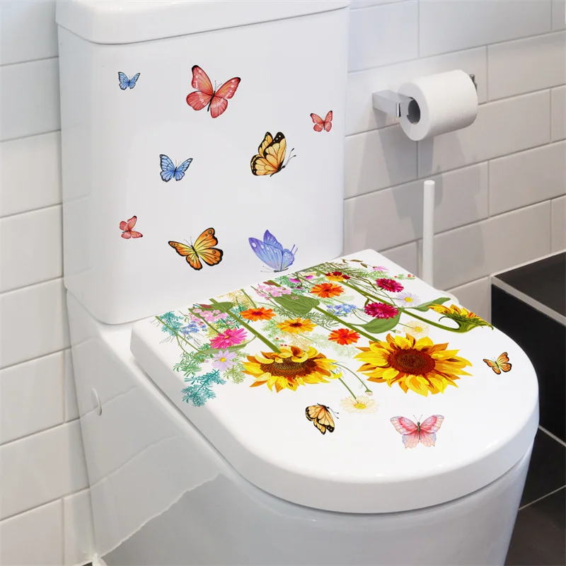 M19 Pflanzen Blumen Sonnenblumen Schmetterlinge Wanda uf kleber Toiletten aufkleber Badezimmer Toiletten abdeckung Kühlschrank Aufkleber WC Dekoration – Detail 4
