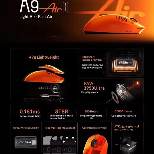 Imagen 2 del producto Ratón inalámbrico para juegos ATK A9 Air Ultimate, tres modelos PAW3950UItra, ligero, 42000DPI, 750IPS, doble 8KHz, ergonómico, deportes electrónicos, personalizado