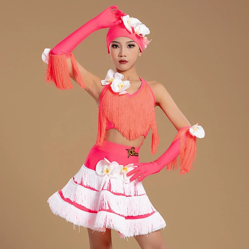 Traje de baile latino para niños, ropa de actuación para niñas, conjuntos de vestidos de baile con borlas de flores, traje de competición de baile Cha Rumba BL14137
