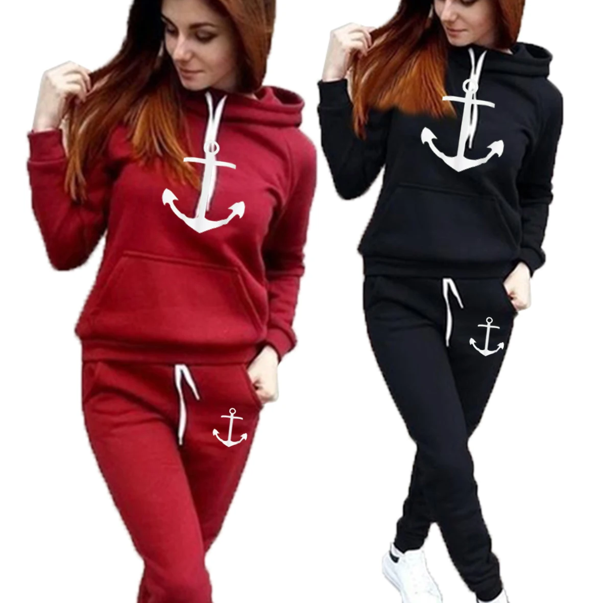 

Hot Women's Hooded Pants Sea Printed Sportswear Autumn and Winter Two Piece Sweatshirt Sweatpants with Pockets Sweatshirt Set