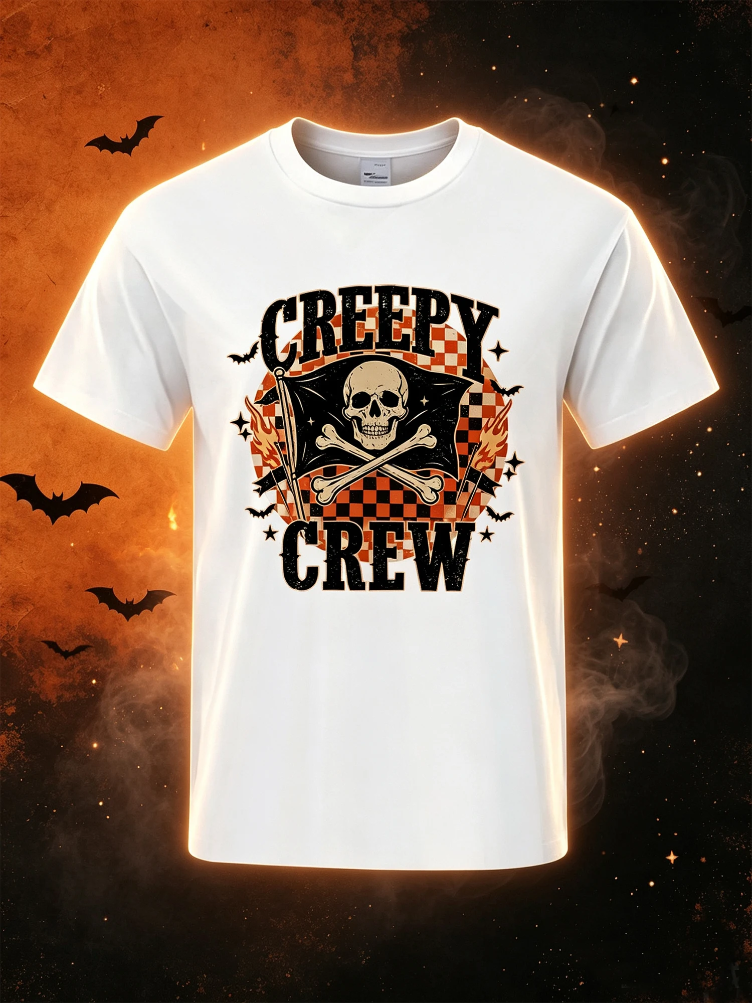 Halloween Retro Creepy Crew Graphic Tee for Men Women Checkered Skull Pirate Flag Fire Bat Pattern Short Sleeve Spooky Matching T-Shirt
