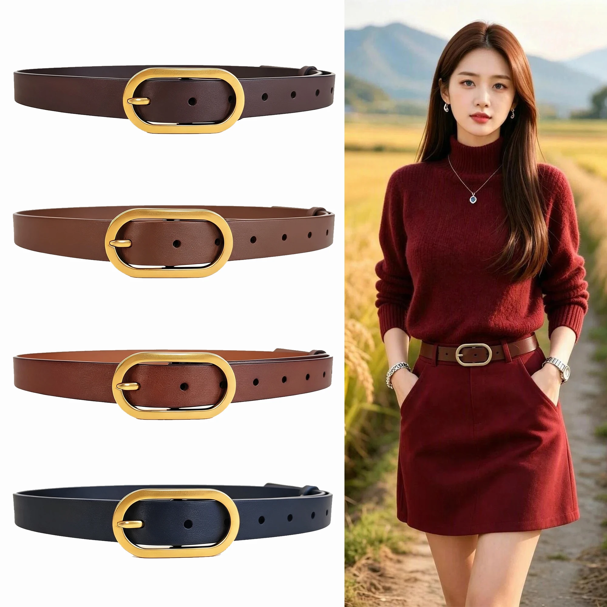 Women Genuine First Layer Cowhide Belt Thin Oval Gold Pin Buckle Leather Waist Belt Fashion Ladies Belt For Dress Suit Pants