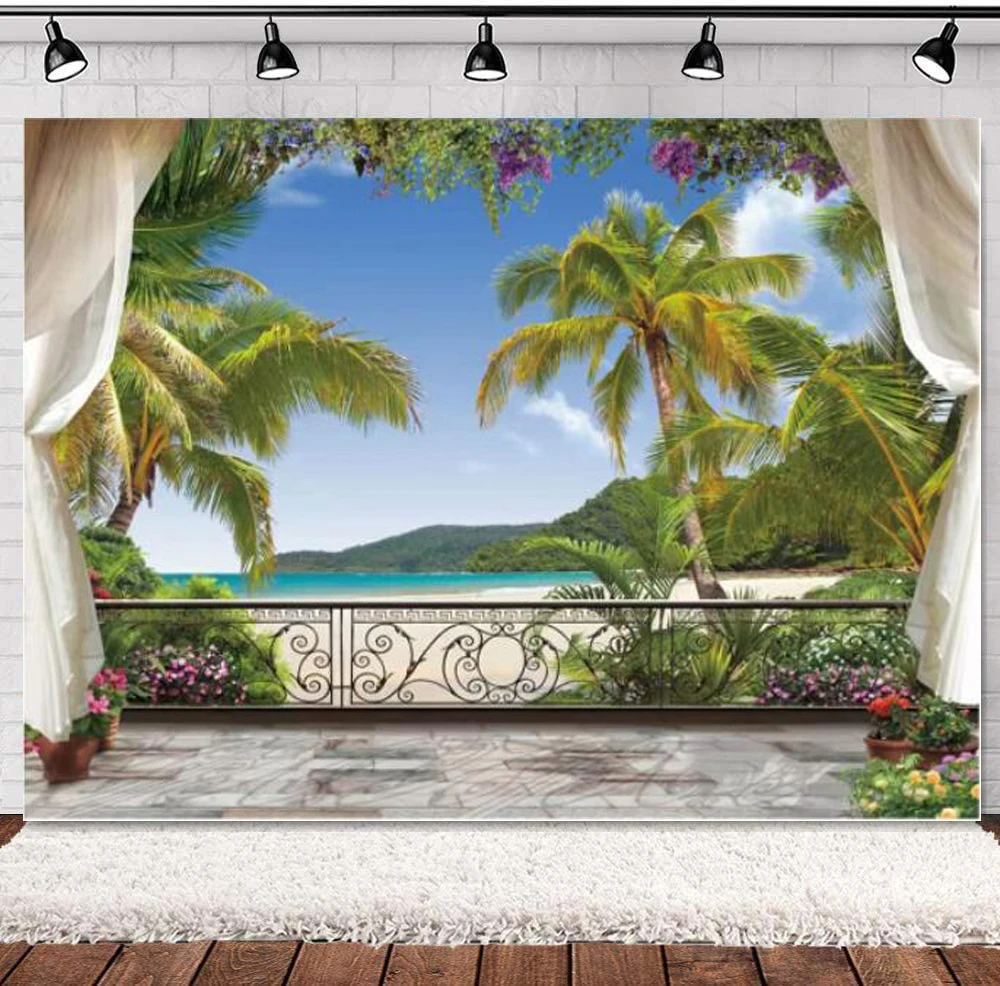 

Tropical Beach Photography Backdrop Summer Hawaii Island Coast Tree Seaside Scene Background Birthday Party Decor Banner