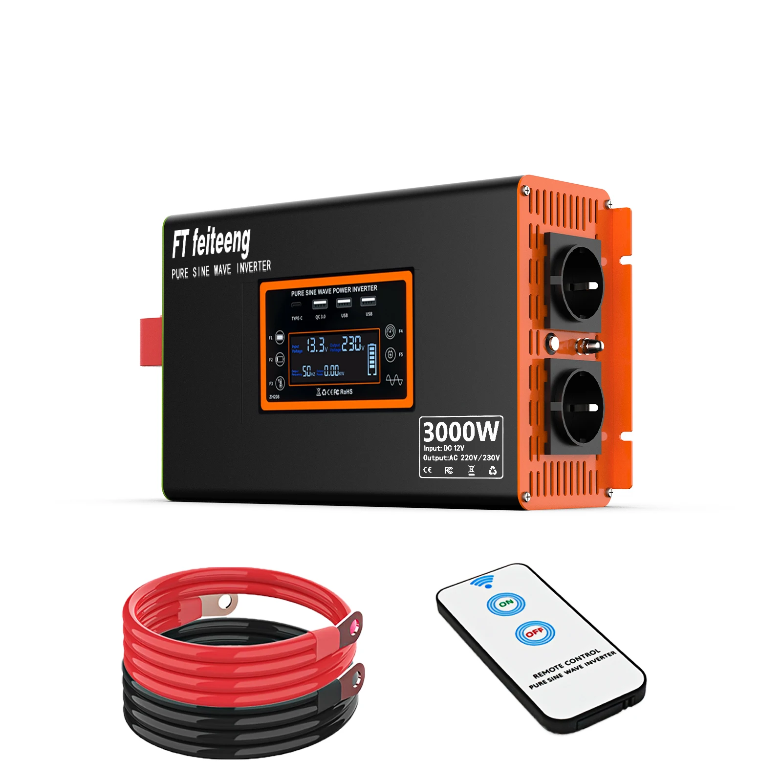 4000 W/3000 W2500W Zuivere Sinus Omvormer 12 V naar 220 V 230 V met EU Plug Afstandsbediening Kabels voor RV Solar CPAP Gereedschap