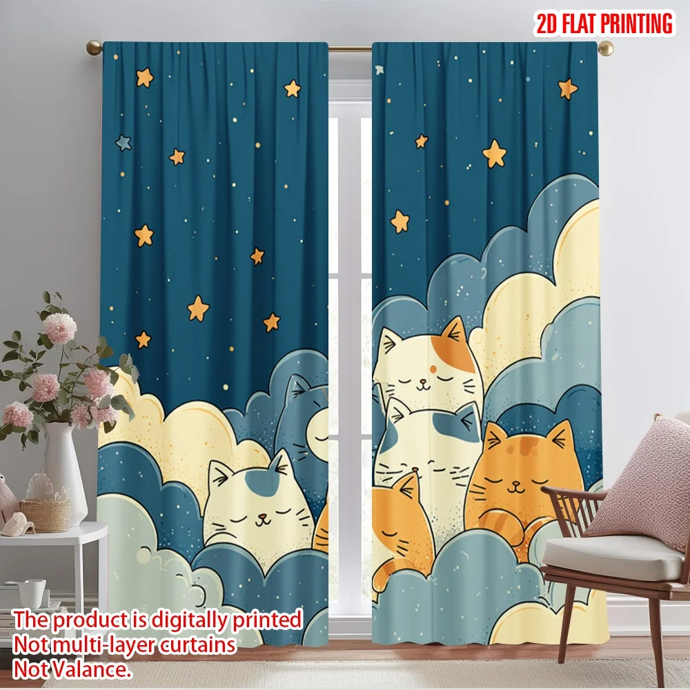 2pcs 2D flat printing Window Drapes Cute Kittens Sleeping Night Sky 100% Polyester Without Electricity Party Decorations for