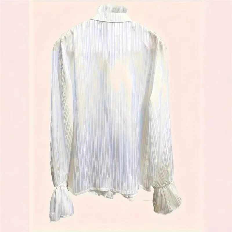 Casual Commuting Women Shirt Blouse Solid Long Sleeve Flared Sleeve Stand Collar Tops Button Down Spring Autumn Women clothes 3