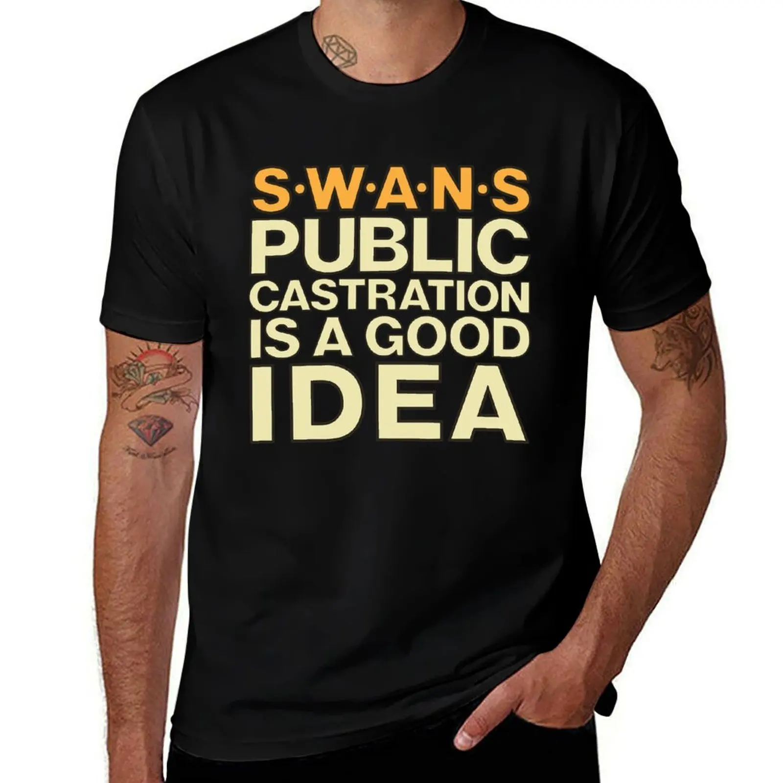 

Swans t shirt public castration is a good idea, swans band shirt, industrial, swans nyc, T-Shirt man t shirts for men T-Shirt