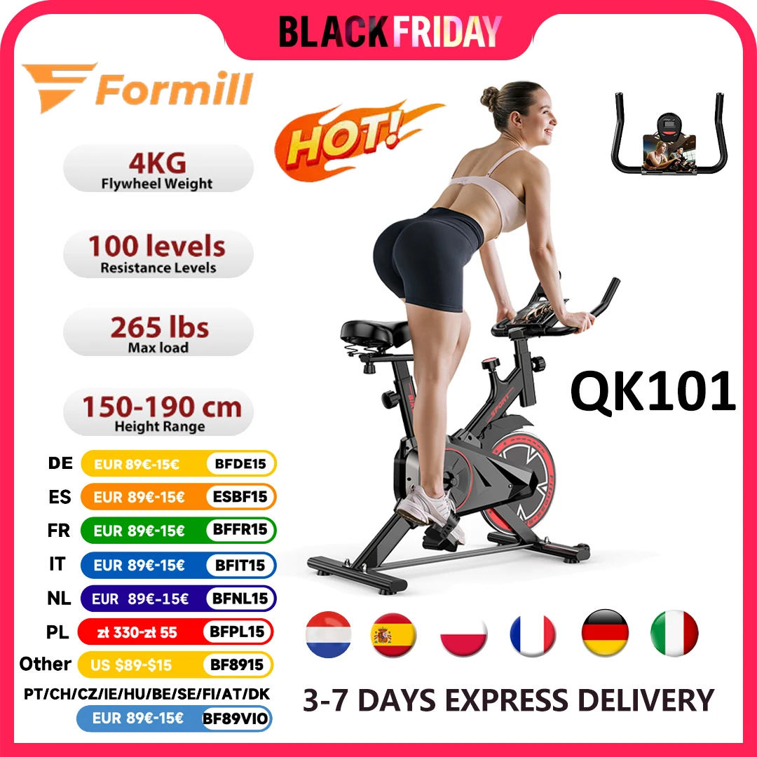 Formill QK101 Bicicleta giratoria para interiores Entrenador cardio con transmisión por correa silenciosa con pantalla electrónica y resistencia ajustable para fitness en el hogar