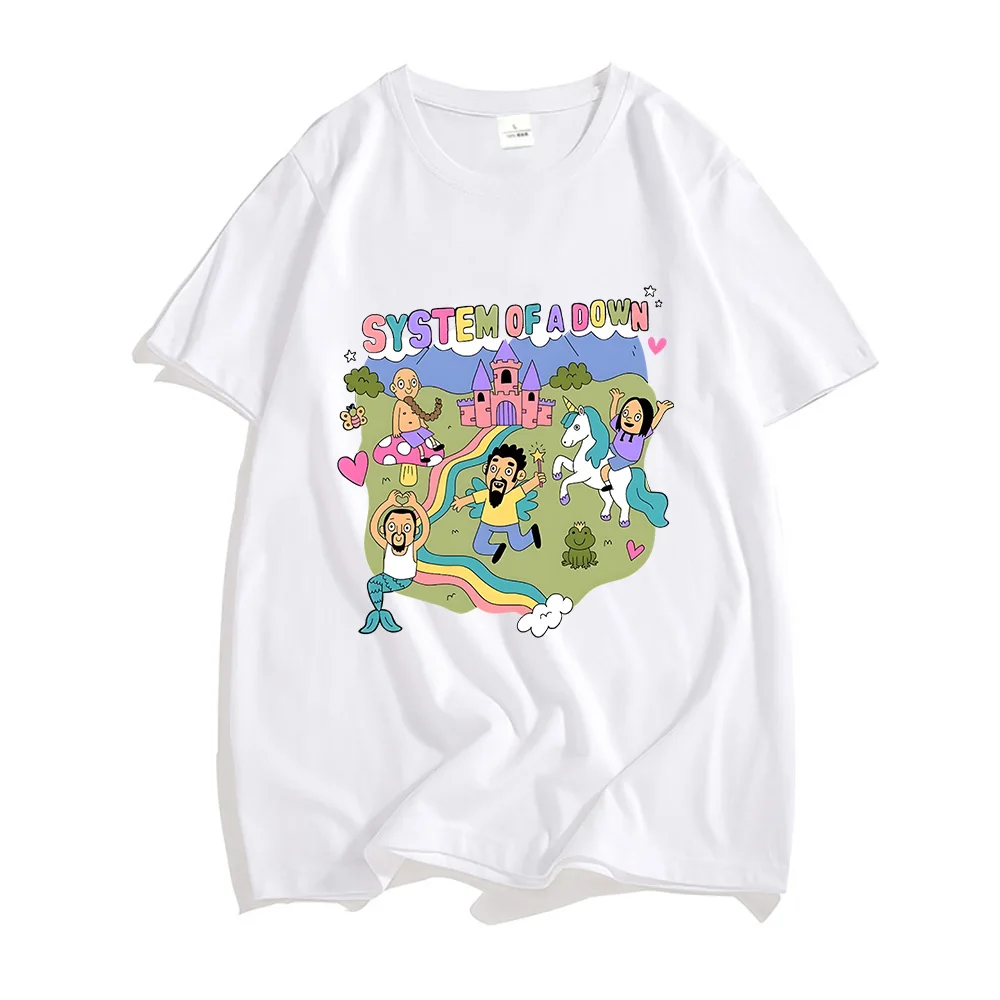 2026 Cute Fantasy Unicorn Castle Cartoon Graphic T-Shirt Kids Adults Crew Neck Short Sleeve Tee Rainbow Fairy Tale Casual Tops