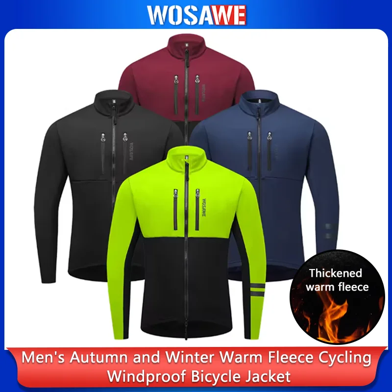 

WOSAWE Men Cycling Jacket Autumn Winter Coats Thermal Fleece Windproof Bicycle Clothing Motorcycle Jackets with 2 way YKK Zipper