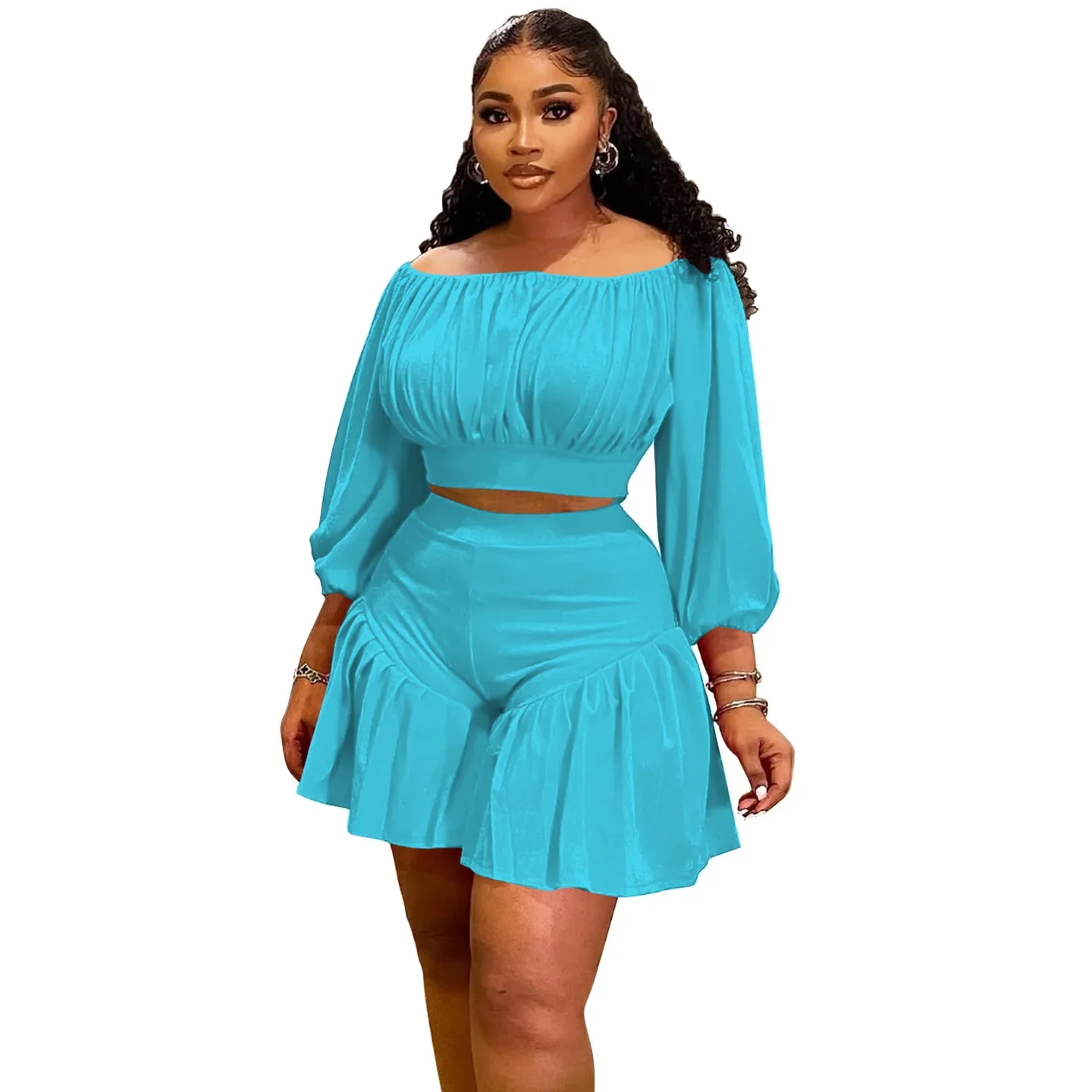 Women's White Off Shoulder Puff Sleeve Cropped Top Ruffle Shorts Two-Piece Set Elegant Slimming Comfort All match Commute Outfit