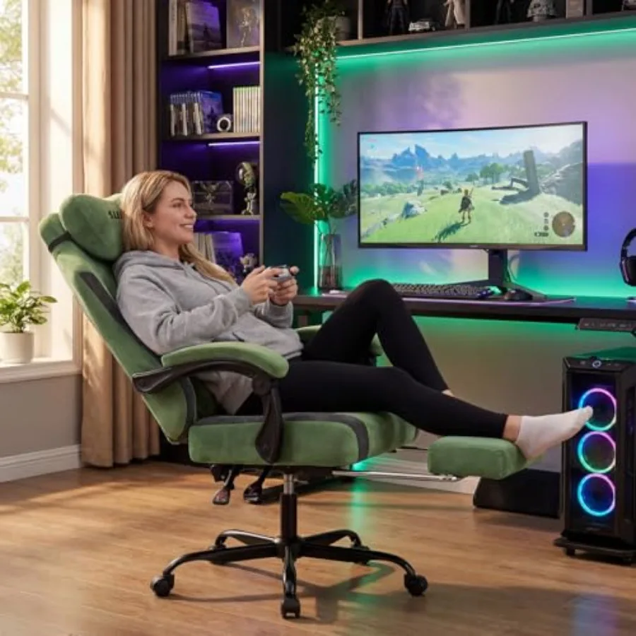 Video gaming chair for extended use, premium fabric upholstery, black color, ergonomic high-back design with adjustable lumbar