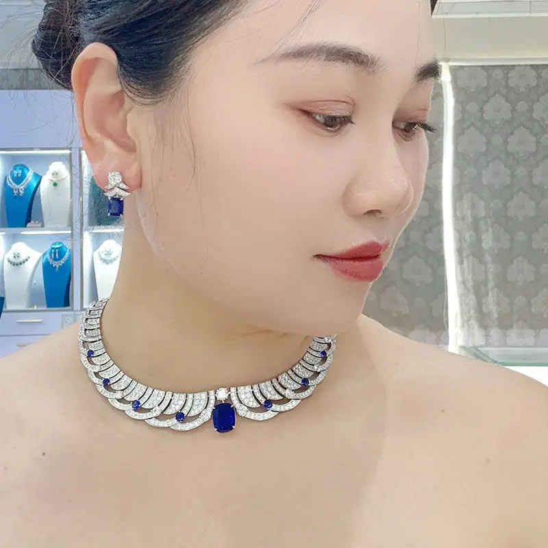 Luxury Synthetic Blue Sapphire Cubic Zirconia Jewelry Set Necklace Earrings for Women Lady Wedding Party Bridal Fine Jewelry