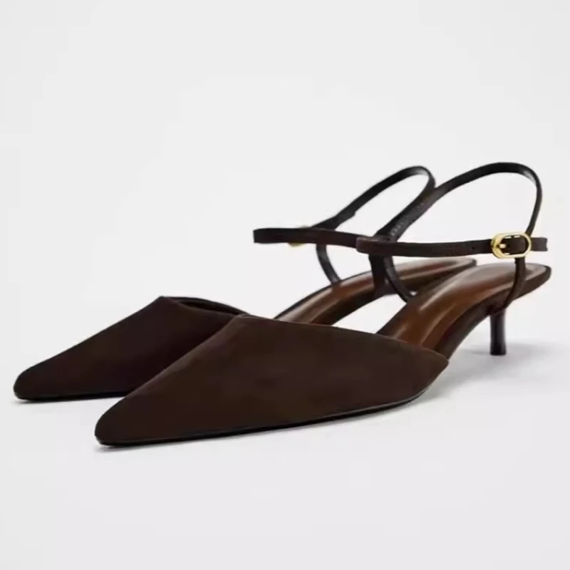 

Модные замшевые туфли-мюли на каблуке для женщин, с острым носком, ремешком на щиколотке, элегантные офисные туфли, брендовые туфли на низком каблуке, сандалии для женщин
