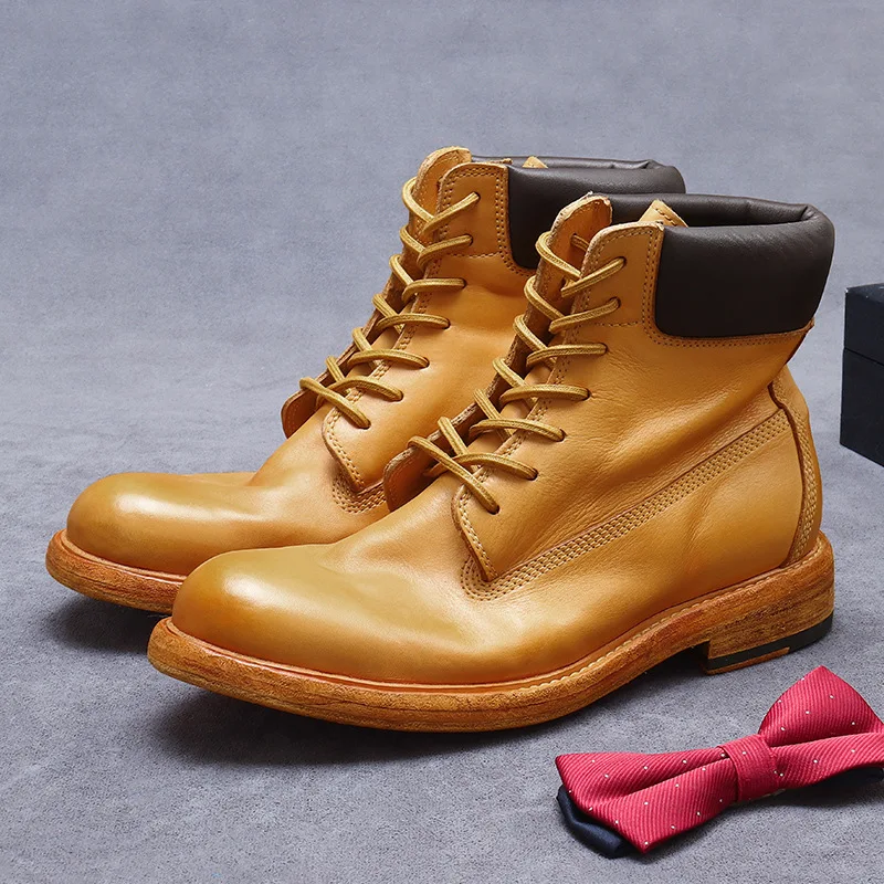 Big Yellow Boots Goodyear Handmade Genuine Leather Sole Casual Leather Boots Men's Thick Sole Trendy High Top Soft Cowhide Shoes