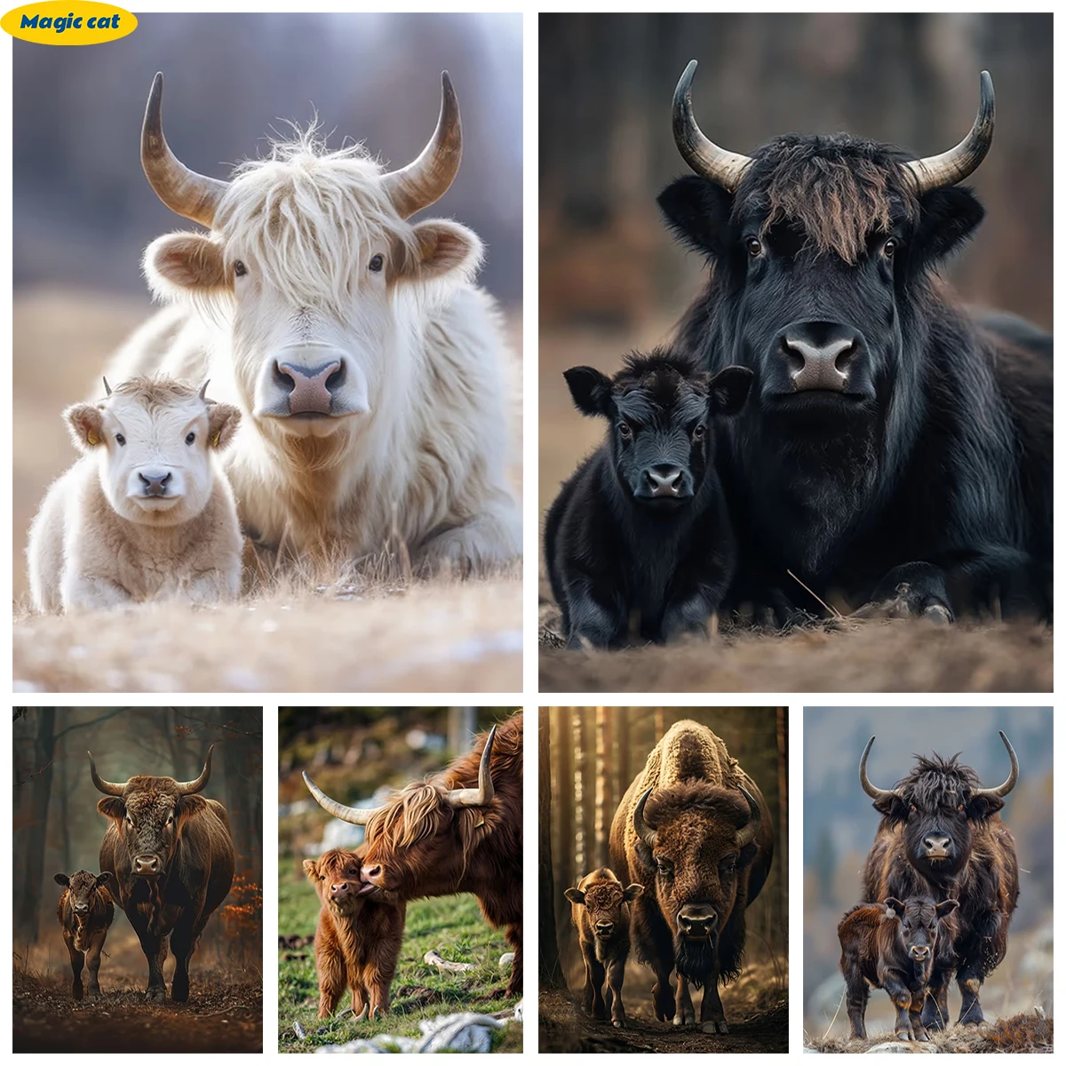 Mother cow and calf 5D Diamond Painting Realistic Highland Cattle DIY Diamond Embroidery Living Room Home Wall Decor Gift