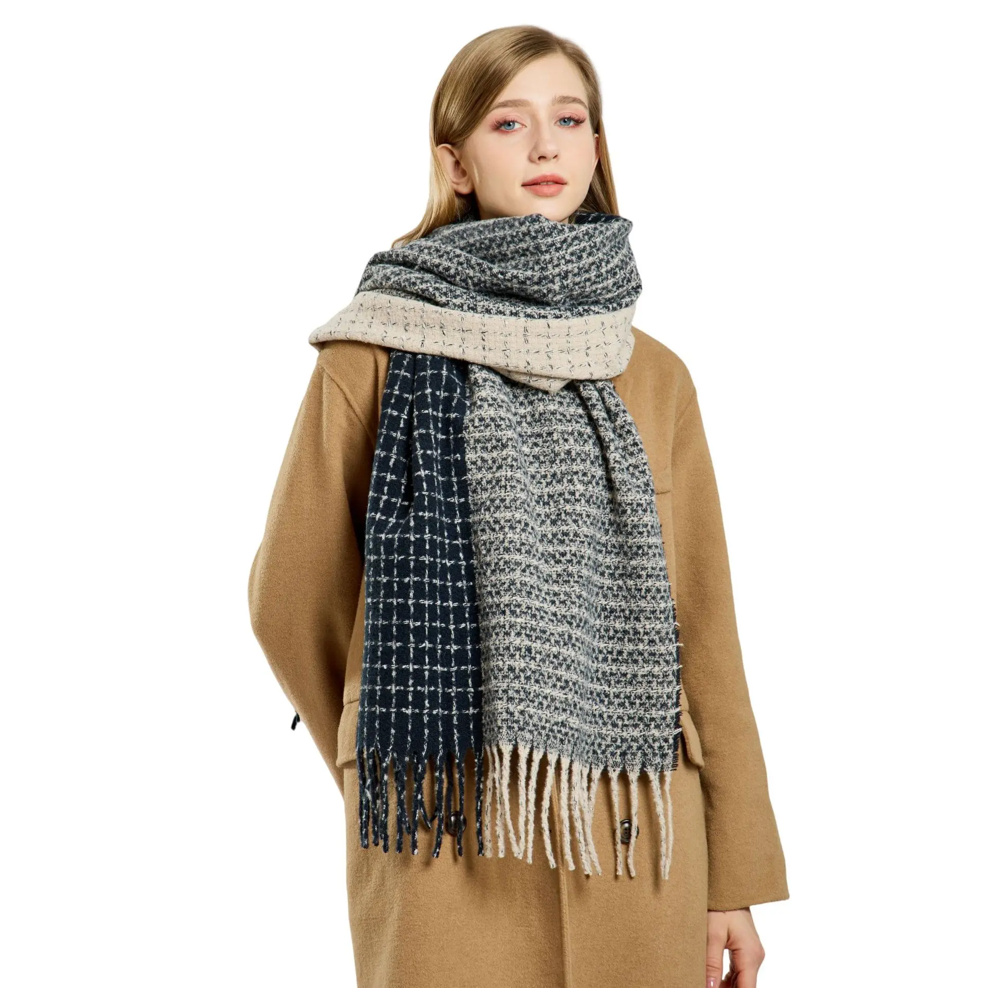 Winter Color Blocked Scarf women's Imitation Cashmere Fashion Versatile Shawl Warm Thicken Lengthened Tassel Scarf 4w975