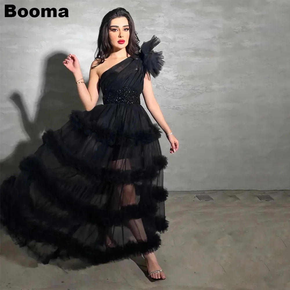 

Booma Black A Line Prom Dresses One Shoulder Beading Ruched Evening Party Dresses Ankle Length Events Gowns for Women Dubai