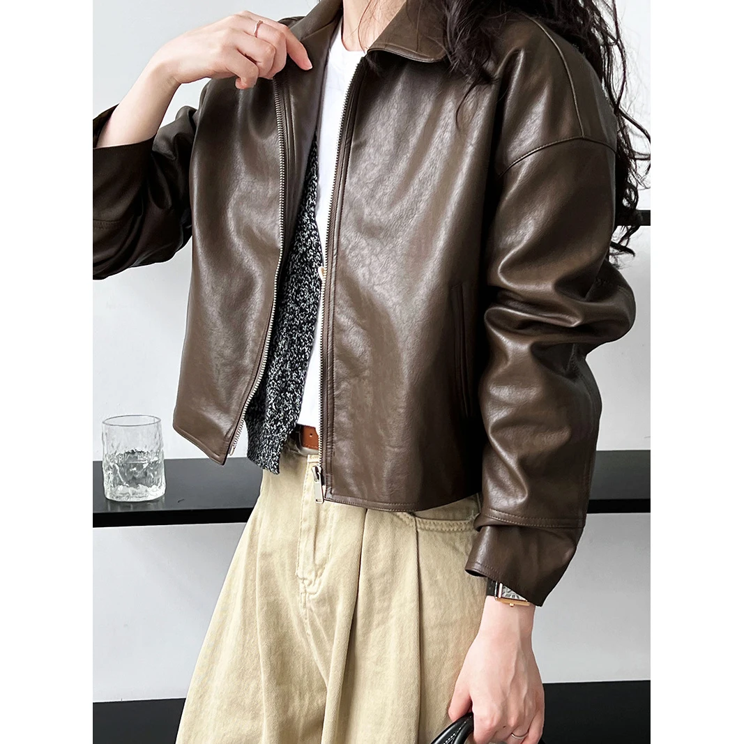 2024 Spring Pu Leather Turn Down Collar Jacket Coat Fashion ZIP Women Classic Jacket Femme Streetwear Women Tops Clothes