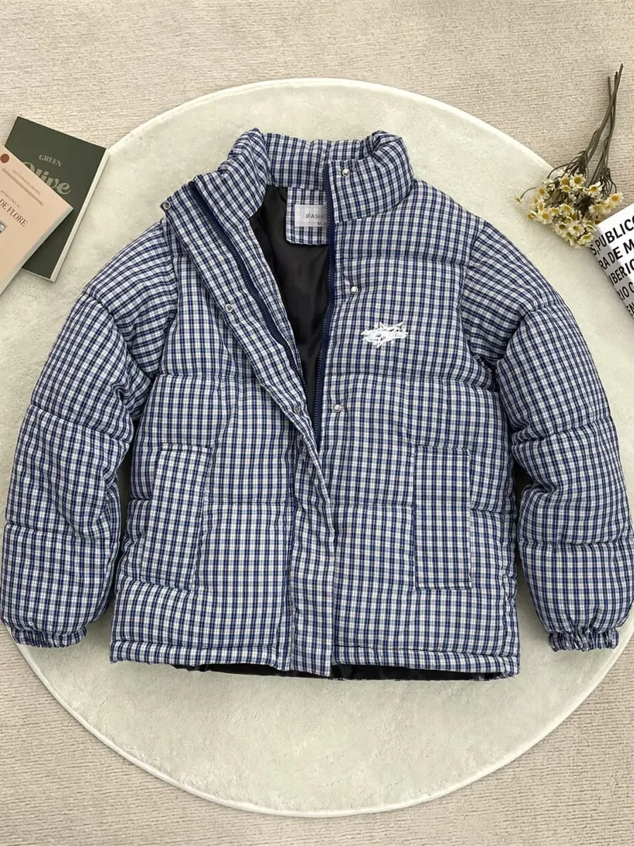 

Blue Plaid Miu Jaet Cotton Coat Men's Winter Thi Warm Stand Collar American Bread Sle Jaet Youth Casual Warmth