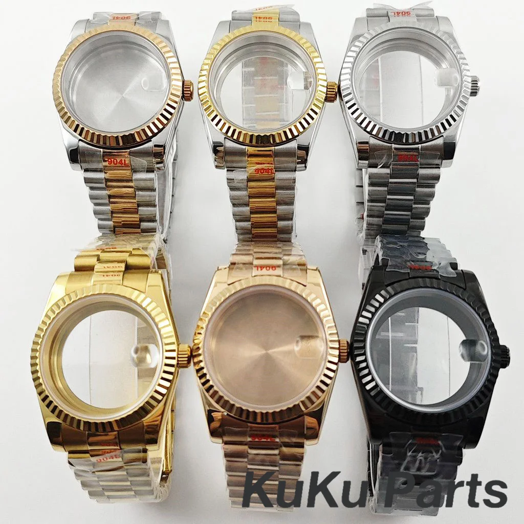 Hochwertiges, geriffeltes, gebogenes 36 mm/40 mm wasserdichtes Präsidentenarmband, Saphir-Uhrengehäuse für NH34 NH35 NH36 ETA2824 Uhrwerk