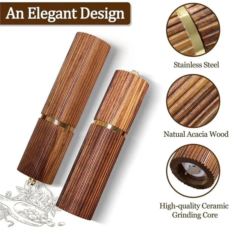 AAAN-2 Pack Wooden Salt And Pepper Grinder Set - Refillable Manual Salt And Pepper Mills With Adjustable Core
