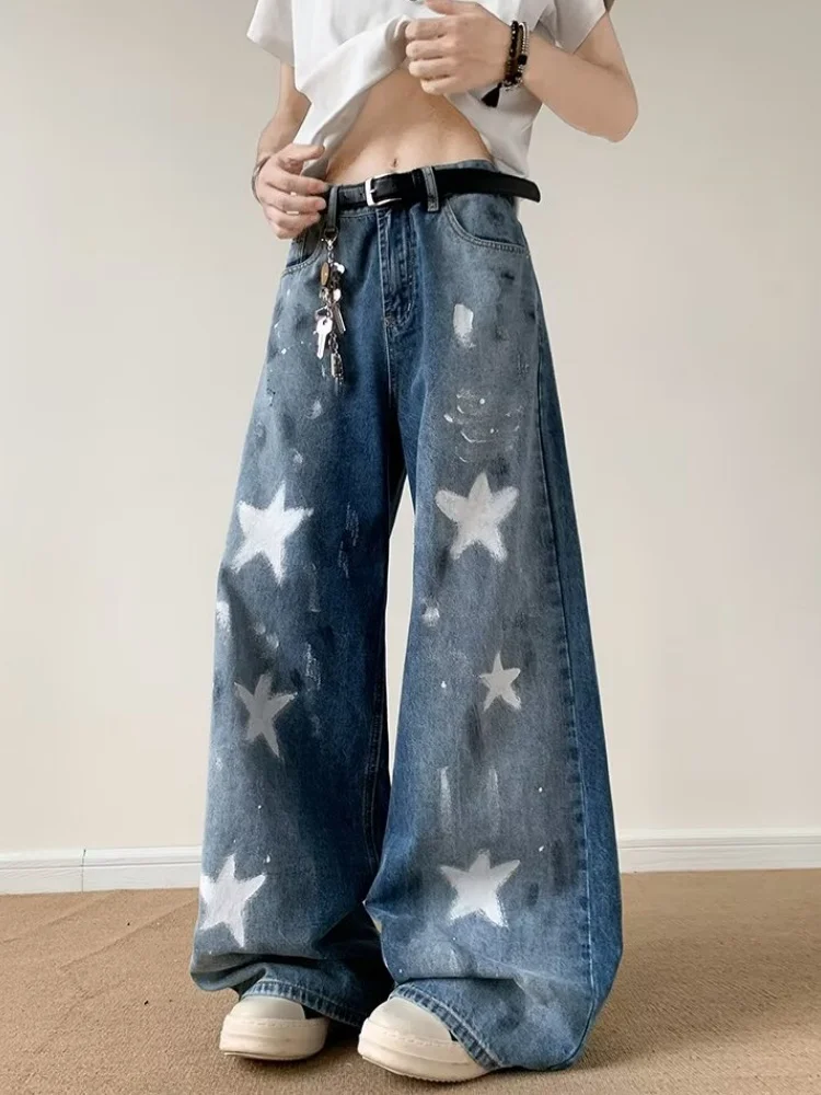 2025 Ropa Y2K Streetwear Stern Gedruckt Gewaschen Blau Baggy Jeans Hosen Für Männer Kleidung Breite Bein Vintage Denim Hosen Moda Hombre – Detail 8