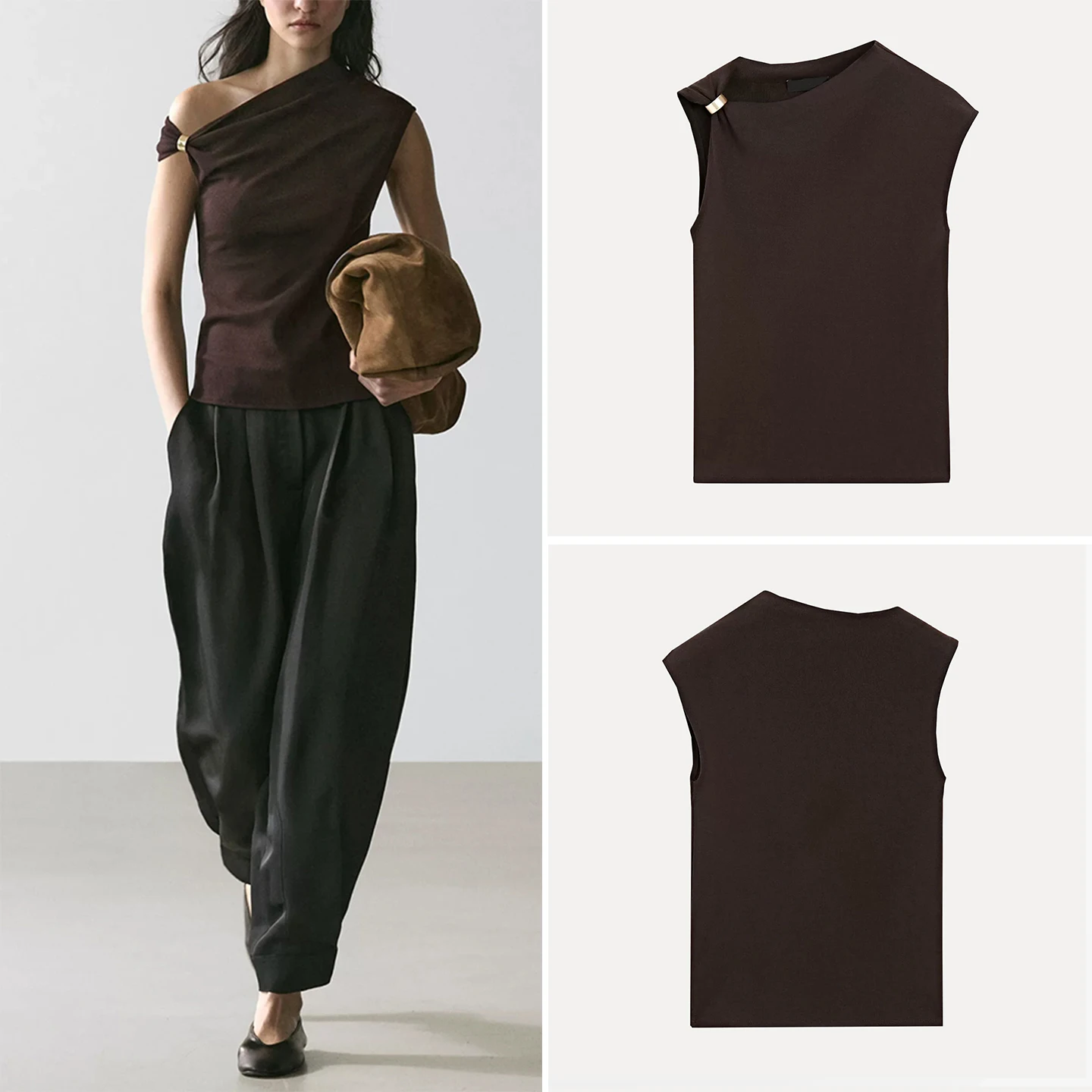 Summer New Women's Sleeveless Shoulder Bared Asymmetrical Salt Style T-shirt Slim Fit Outerwear Casual Regular Length