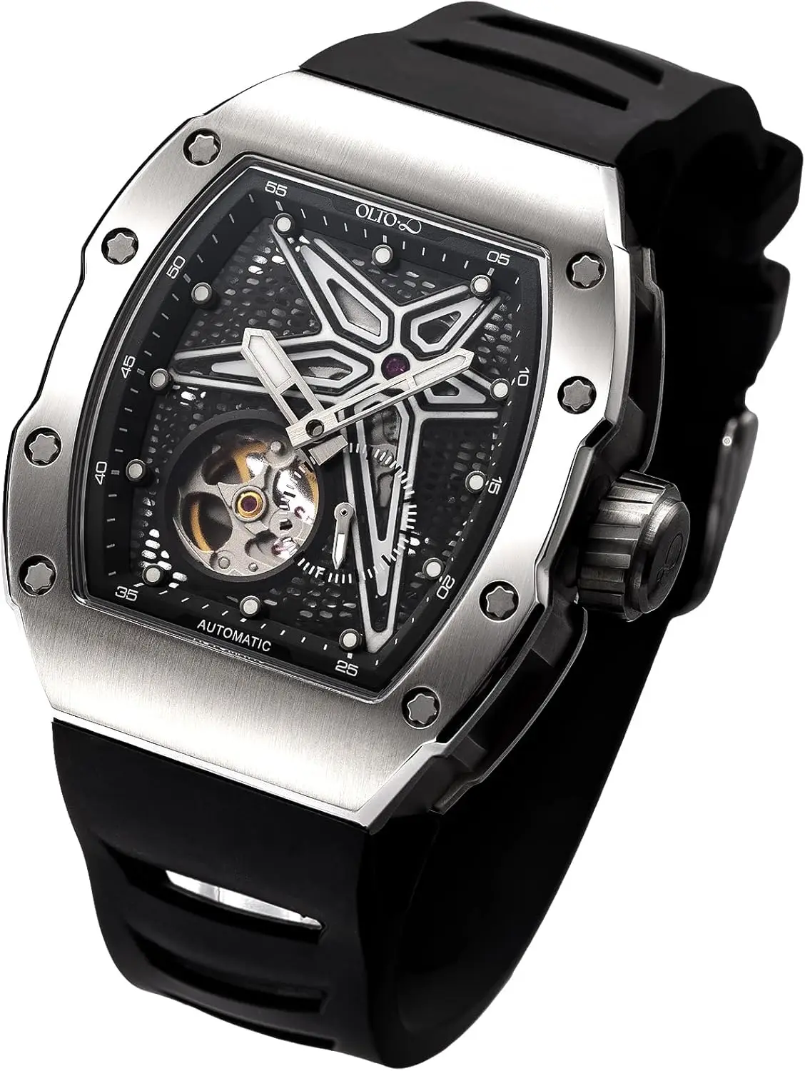 

OLTO-8 Luxury Automatic Mechanical Watch with Silicone Strap Tonneau Skeleton Watches for Men Stainless Steel 5ATM Waterproof