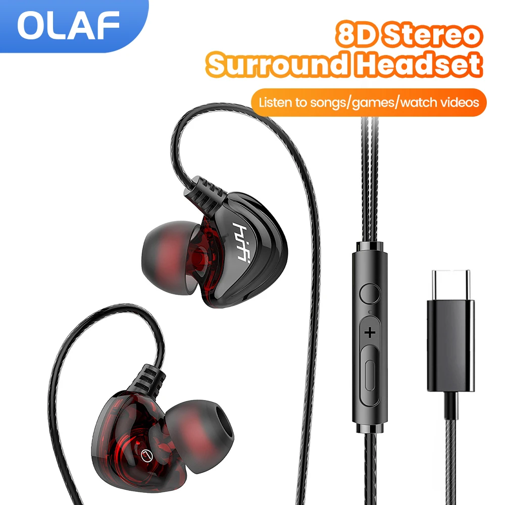 OLAF Type C Wired Headphones HIFI Bass Earphone in-Ear Headset Gamer Handsfree Earbuds For iPhone 15 16 Xiaomi Huawei Samsung