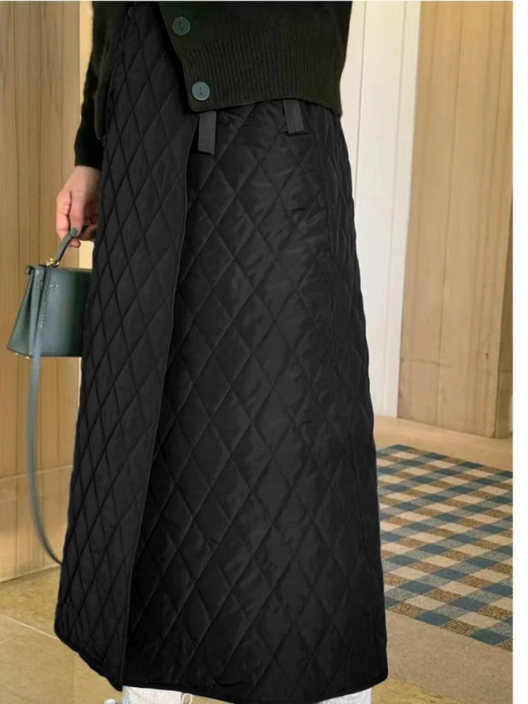 Slimming A-Line Skirt Korean Style Half-length Belted Cotton Grid Early Spring New Women's Fashion Long Diamond Corner Skirt