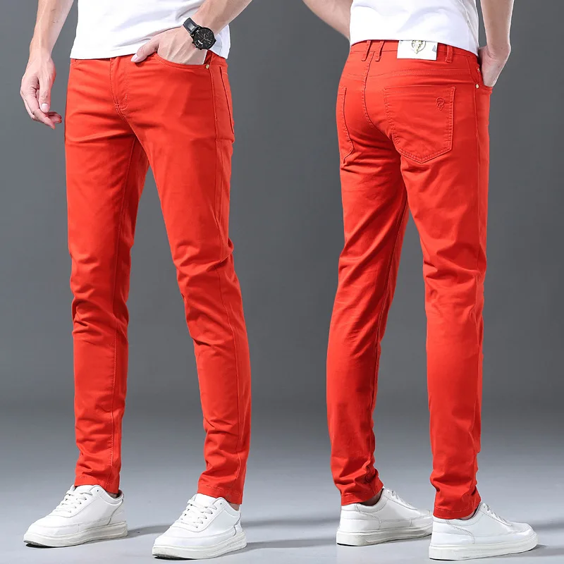 برتقالي أحمر الربيع والصيف الجينز الجديد للرجال تمتد سليم صالح القدم الصغيرة العلامة التجارية العصرية السراويل عارضة بسيطة وفاخرة #2