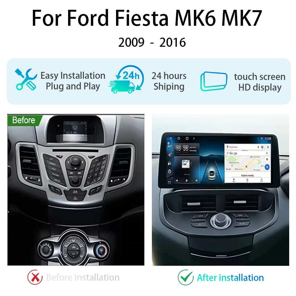 12.3 inch Android 16 Car For Ford Fiesta MK6 MK7 2009 - 2016 Multimedia Player Plug and Play Touch Screen High-performance CPU