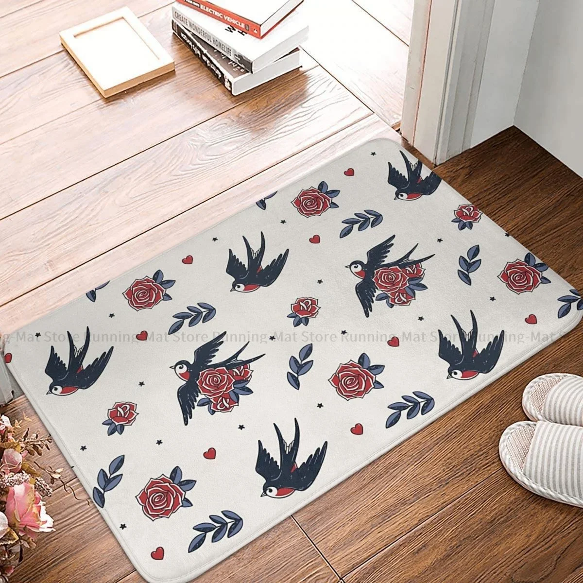 Paillasson antidérapant de Style vieille école, tatouage, hirondelles volantes et Roses, tapis de cuisine pour salon, tapis de bienvenue, décor de maison