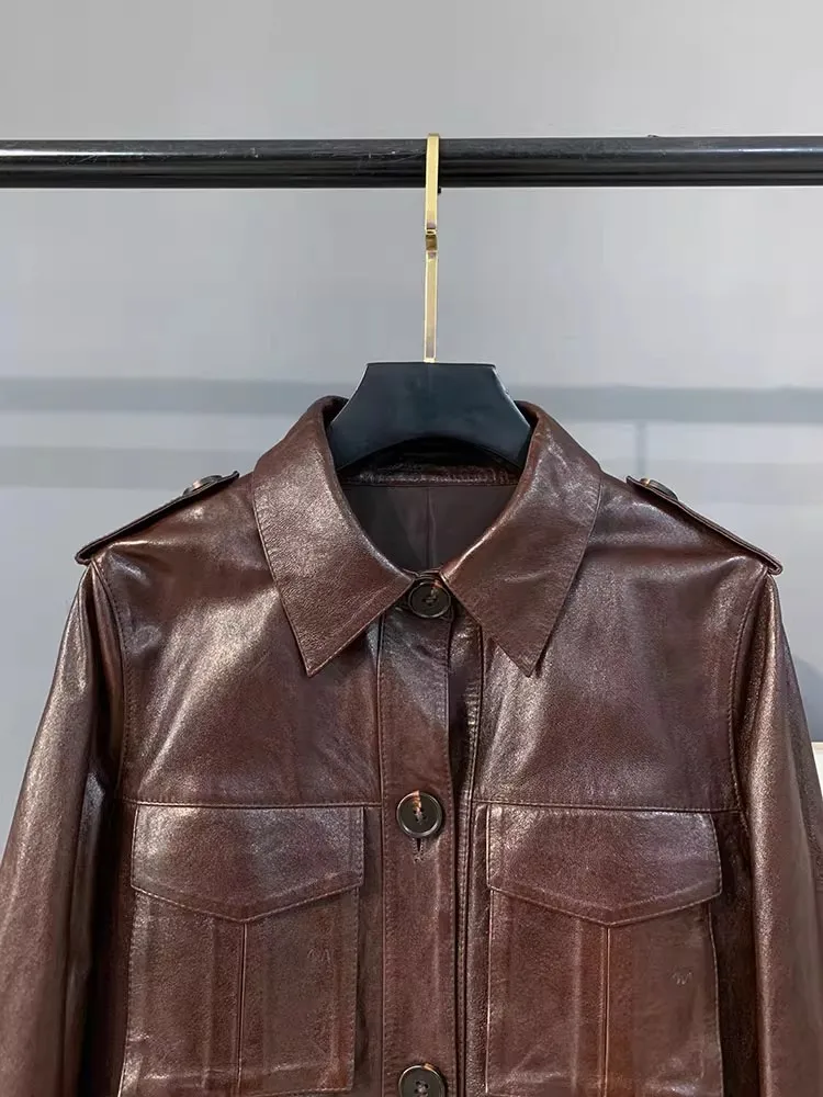 Veste d'automne rétro en cuir véritable pour femme, simple boutonnage, cire d'huile, peau de mouton, Punk, manteau court, Streetwear, veste de moto décontractée