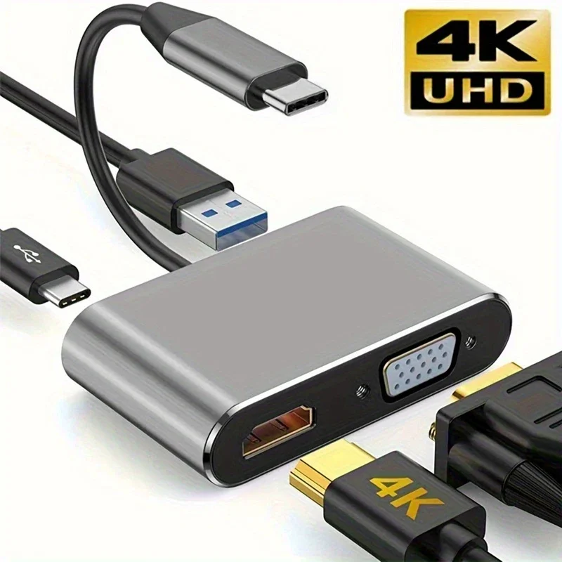 

4 in 1 USB C Hub Multiport Adapter Docking Station Type C to 4K HDTV VGA 100W PD Fast Charge Splitter for MacBook Pro/Air Laptop